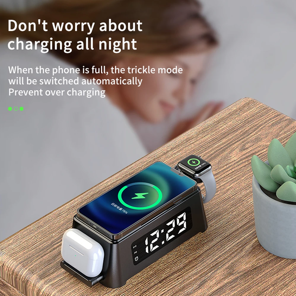 4 in 1 alarm clock 15w wireless charger pad for apple watch iphone 12 pro 11 xs max xr x airpods pro fast wireless charging dock free global shipping