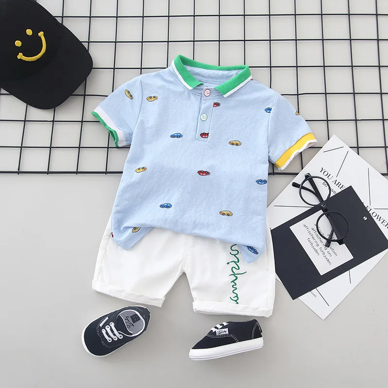 

2020 summer New children's clothing boy suit car printing lapel short sleeve + shorts 2 pieces Boys clothes