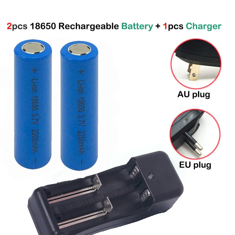 MJKAA 2Pcs 18650 2200mAh 3.7V Lithium Rechargeable Battery+ Charger EU AU Plug Universal Li-ion Batteries Chargers