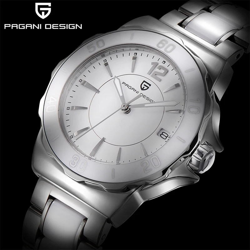 PAGANI DESIGN Women Quartz Watch Fashion High-End Ceramic Bezel Watch Automatic Date Waterproof Luminous White Women Wristwatch