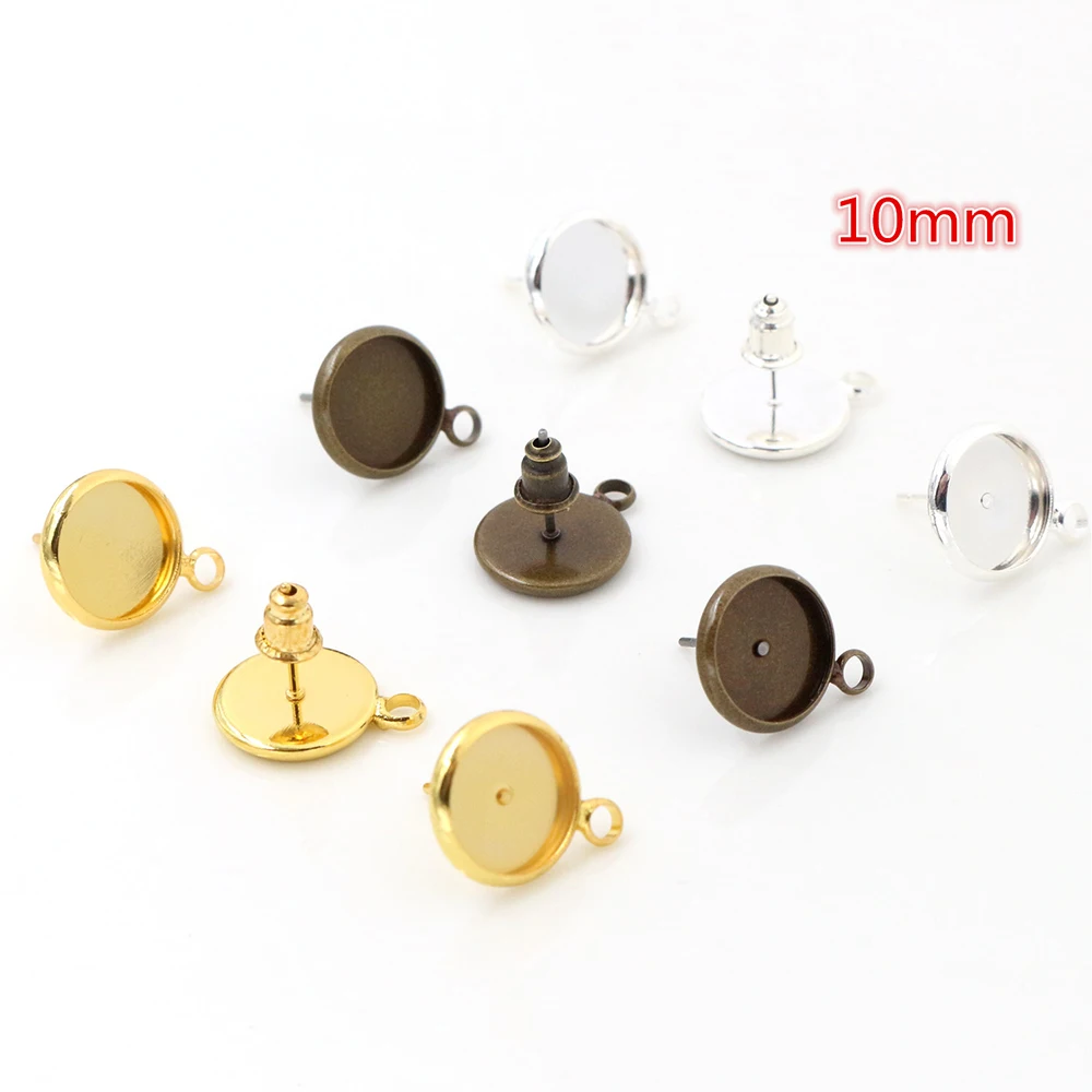 

10mm 10pcs/Lot Two Style 3 Colors Plated Earring Studs,Earrings Blank/Base,Fit 10mm Glass Cabochons,Buttons;Earring Bezels