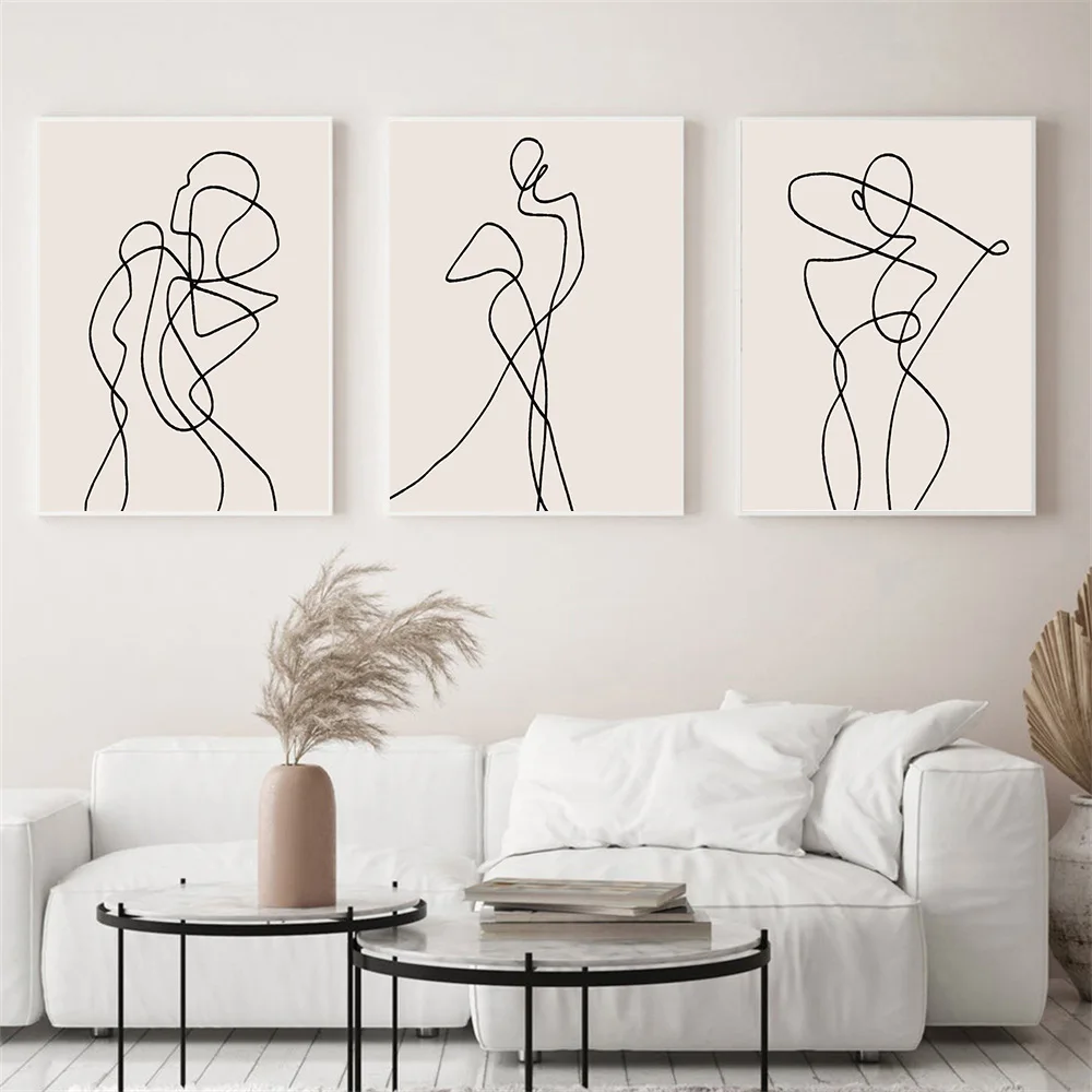 

Abstract Figure Line Drawing Poster Beige Art Print Women Dancing Wall Art Canvas Painting Minimalist Pictures Living Room Decor