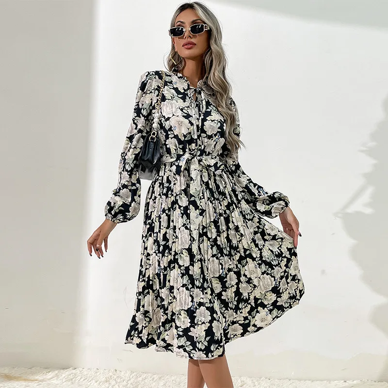 

Black Chic Vintage 2021 Autumn White Floral Print Dress Women Slim O Neck Long Sleeve Female Elegant Knee Length Pleated Dress