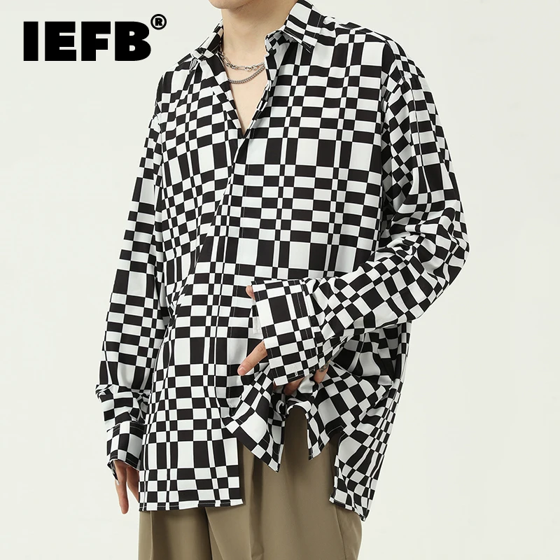 

IEFB Autumn Clothes Korean Loose Plaid Long Sleeve Men's Shirt 2021 New Design Loose Single Breasted Lapel Oversized Tops 9Y9018