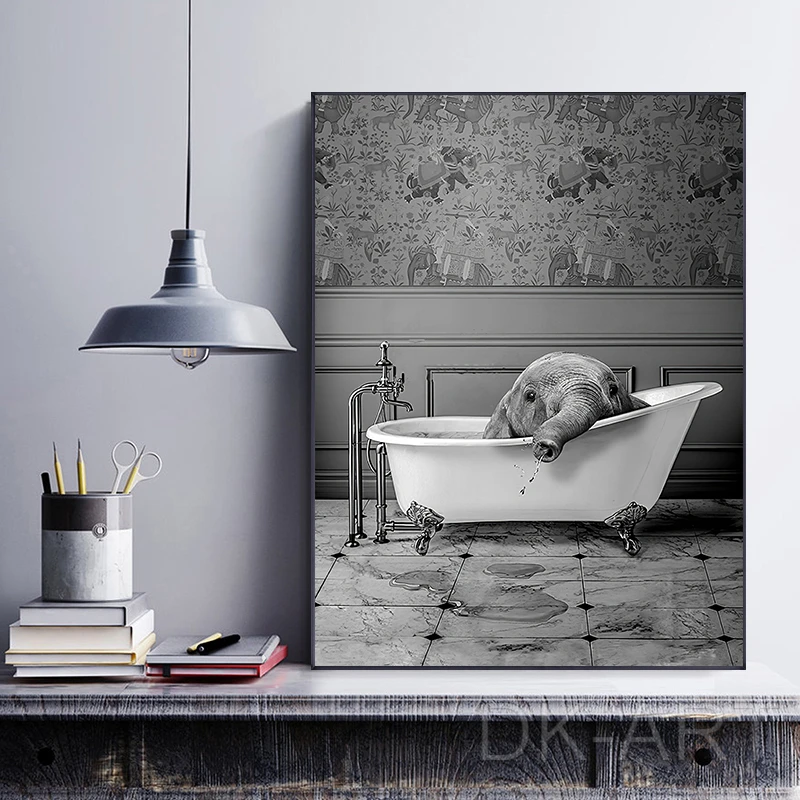 

Animals in Bathtub Posters and Prints Funny Elephant Bubble Canvas Painting Wall Art Pictures for Childrens Bathroom Home Decor