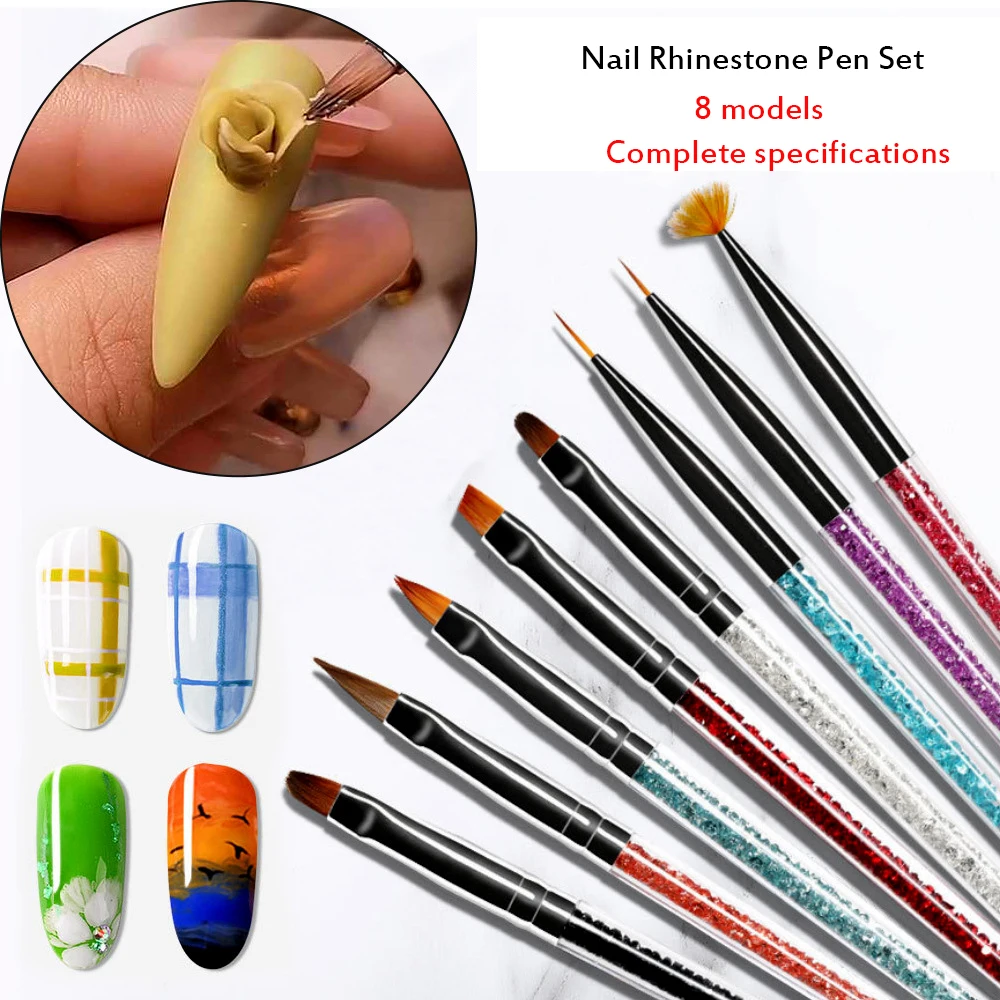 

8 Pcs Nail Set Crystal Rhinestone Pen Holder Draw Line Pen Phototherapy Pen Fan-shaped Pen Series Gel Polished DIY Nail Art Tool