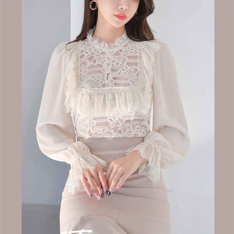 

Spring New Women 2 Piece Set Korean Style Turtleneck Lace Tulle Sleeve Top + Side Hollow Mermaid Skirt Suits Women Clothing