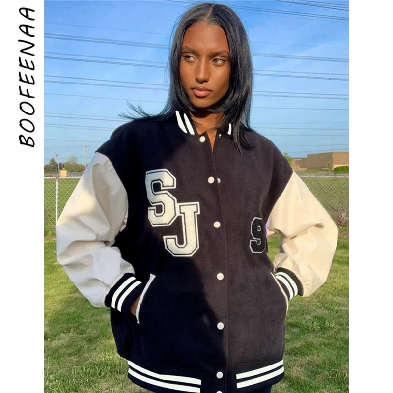 

BOOFEENAA уличная одежда, винтажная куртка с надписью, осень 2021, модное пальто, женская верхняя одежда, Черная бейсбольная куртка, женская верхня...