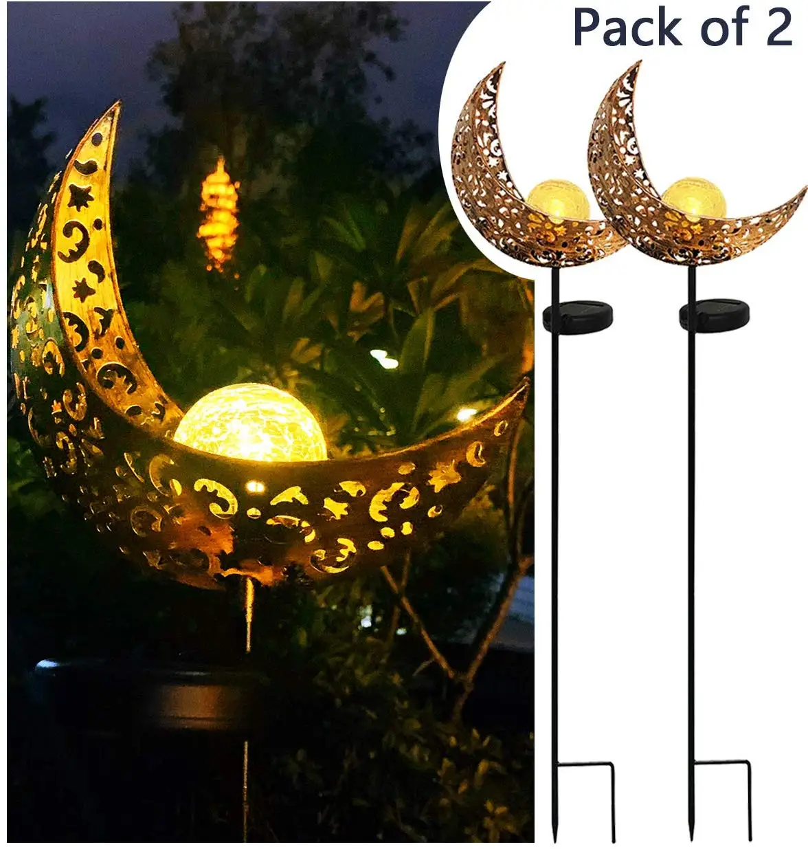 Antique Brass Hollow-Carved Metal Moon with Warm White Crackle Glass Globe Stake Lights Waterproof Outdoor for Lawn Patio Yard | Освещение