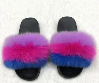 Color matching D Женские модные шлепанцы из натурального меха енота; женские шлепанцы; Летние вьетнамки; унисекс; повседневные Модные босоножки с лисьим мехом; модная плюшевая обувь - Цвет: Color matching D