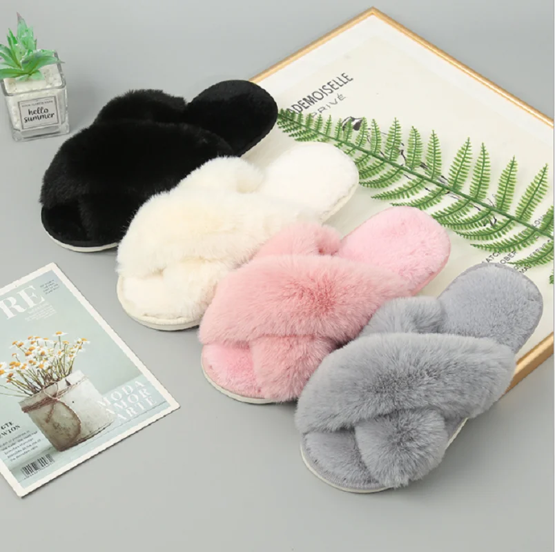 

Ladies Slippers Plush Cross Band Women In Cotton Slippers Big Rabbit Hair Slipper Indoor Shoes Comfort And Warmth Women's Shoes
