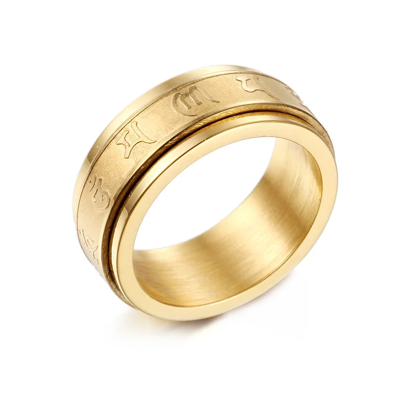 

14-каратное позолоченное титановое кольцо из нержавеющей стали, буддистская мантра с шестью символами, модные ювелирные изделия, обручальные кольца для мужчин и женщин