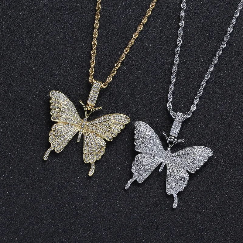 

Hot Hip Hop Butterfly Pendant Pave AAA Zircon Iced Out Rapper Necklace For Men Women Couple Jewelry Gift Dropshipping