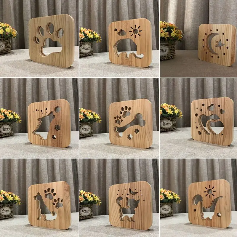 Деревянный ночсветильник Firya в виде кошачьей лапы собаки животного луна звезда 3D