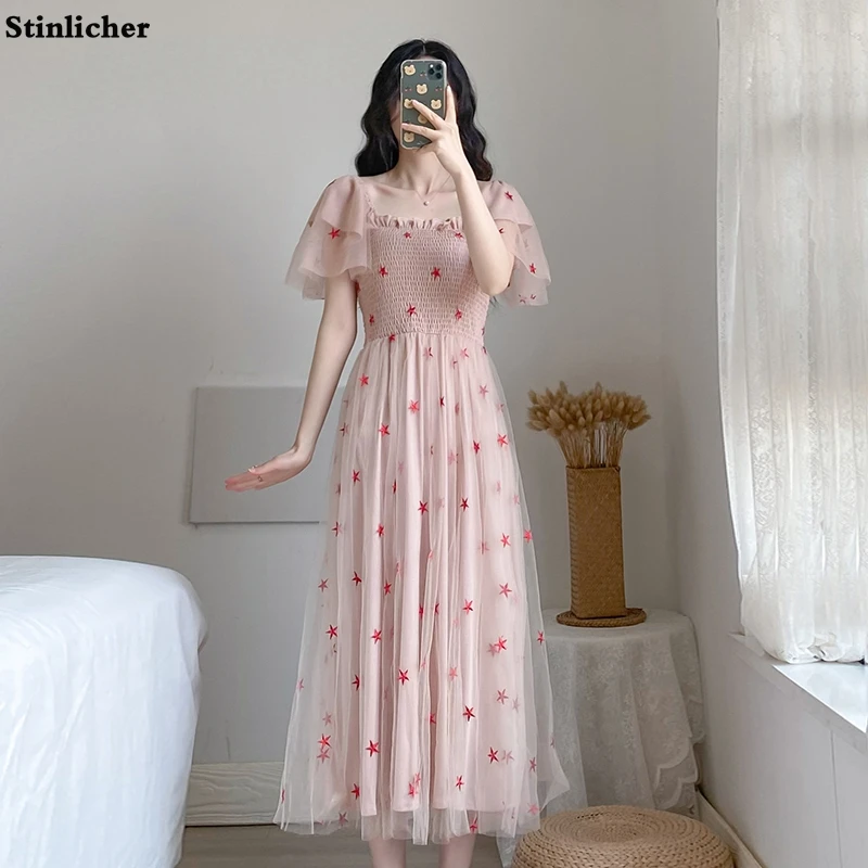 

Vintage Summer Ruffle Mesh Dress Women Sweet Flare Sleeve Stars Elastic Long Party Dresses Female Casual Midi Dress Korea