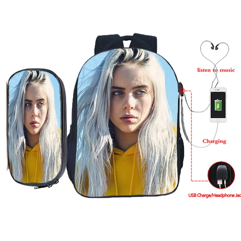 15 Billie Eilish рюкзак для зарядки через usb 2 шт./компл. школьная сумка для подростков мальчиков и девочек рюкзак для ноутбука пенал Дорожная сумка на плечо - Цвет: 15