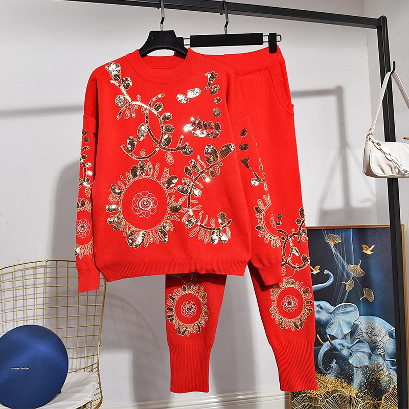 

Fashion Red White Black Knitted Tracksuit Outfits Women Handwork Sequin Embroidery Sweater Long Pants Set Loose Knit Suit Female