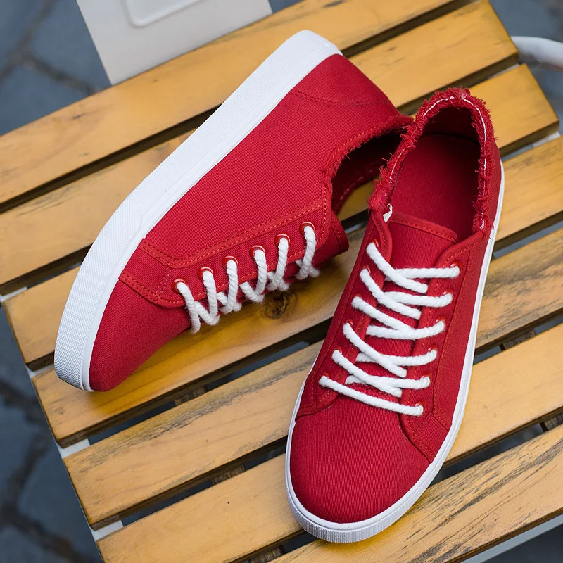 

Кроссовки мужские с низким верхом, дышащие холщовые сникерсы, повседневная обувь для скейтборда, износостойкие дизайнерские, красные, на ре...