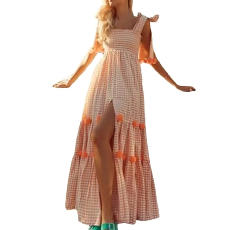 

Женское клетчатое платье-макси с высоким разрезом, в богемном стиле