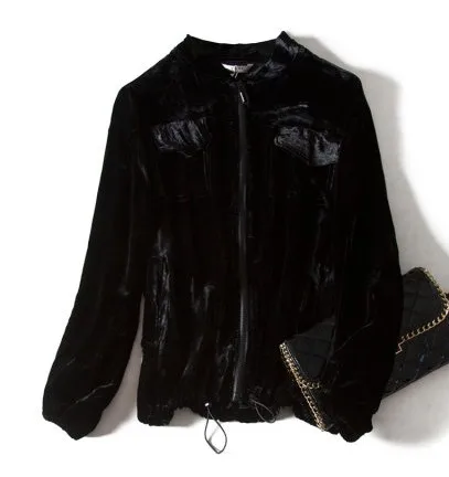 Женская куртка большого размера с двумя карманами черная шелковая бархатная