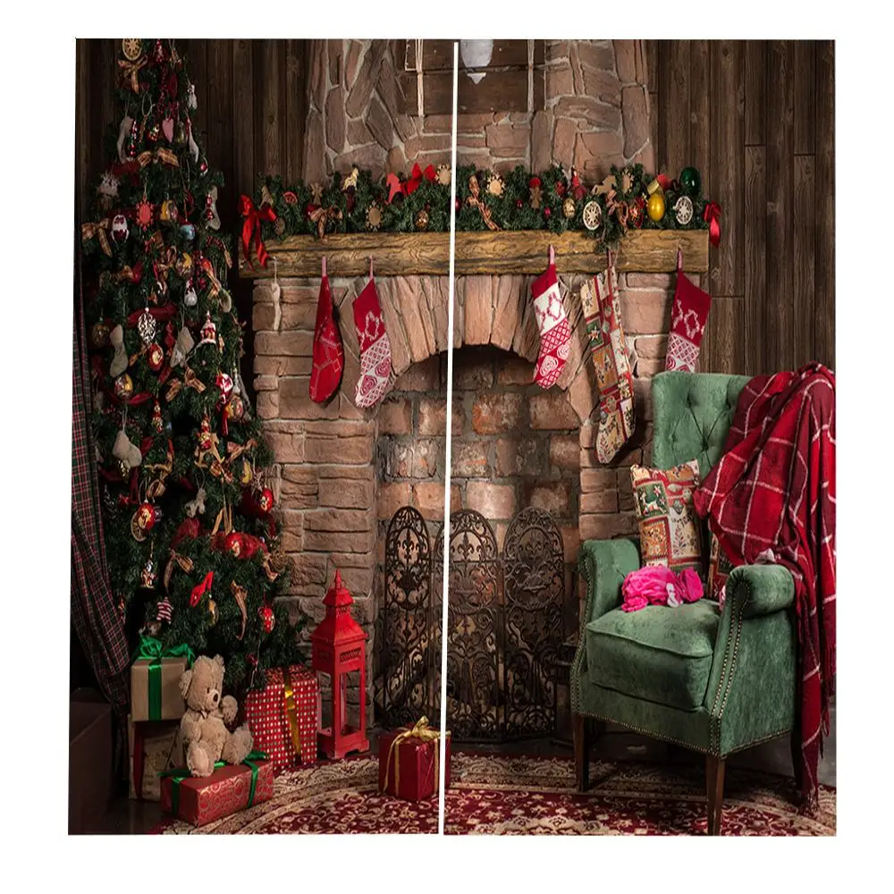 

Christmas Tree 3D Printing PatternThicken/Thin Window Curtain Living Room Shade Curtain Suit Bedroom With Hook Rings Accessories