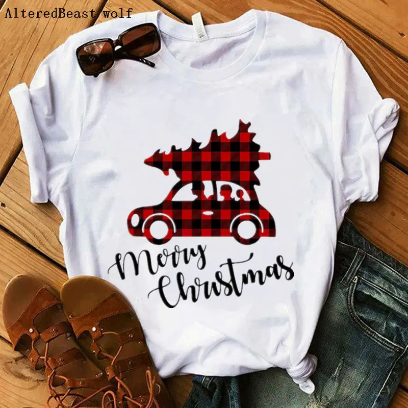 

Women white christmas tshirt women print plaid car tree T Shirt women summer vogue short sleeve clothes female casual tops tee