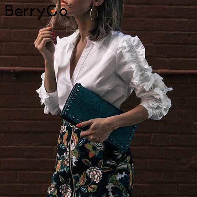 BerryGo элегантная белая женская блузка осенняя с отворотом рюшами женские