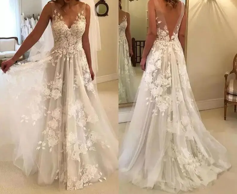 

2020 luxury wedding Dresses V-Neck Backless Elegant Appliques Lace Pattern vestido de noiva Party Gown prom vestido noiva sereia