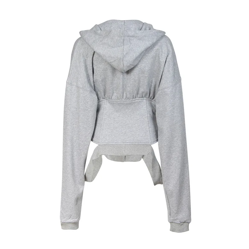 

Zoulv 2021 Spring Autumn New Women's Sports Hoodie Lace-up Waist Band Hooded Hoodie Long Sleeve V-neck Single Breasted Jacket