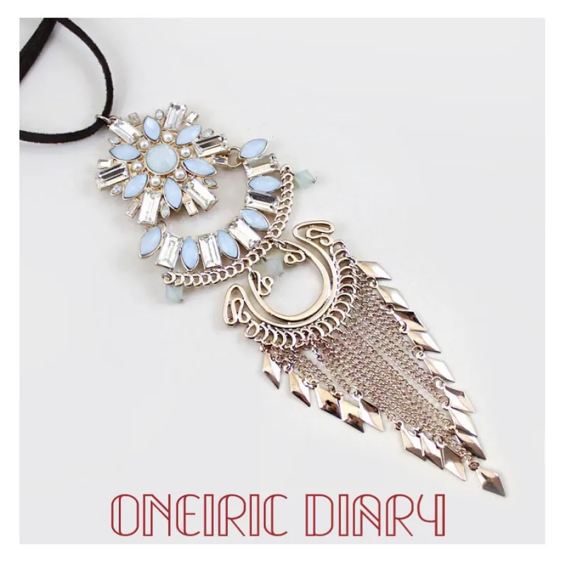 ONEIRIC Элегантное ожерелье с кисточкой голубым цветком и золотом Длинная кожаная