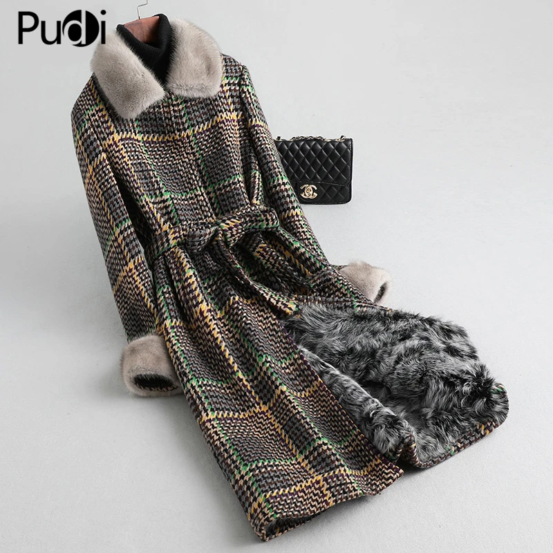 

Pudi Women Real Fur Coat Jacket Winter Warm Wool Blends With Sheep Fur Lining Mink Fur Collar Female Overcoats A59782