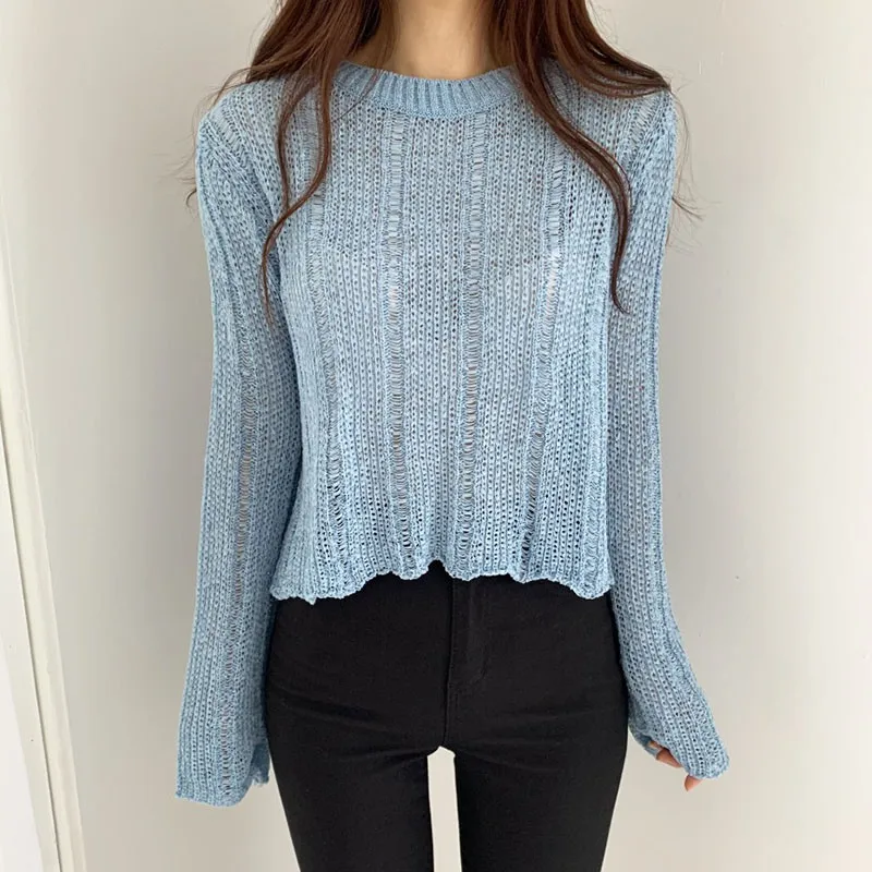 

Women Hollow Knitted Long Sleeve Sweaters Pullover Female Loose Thin Sweater