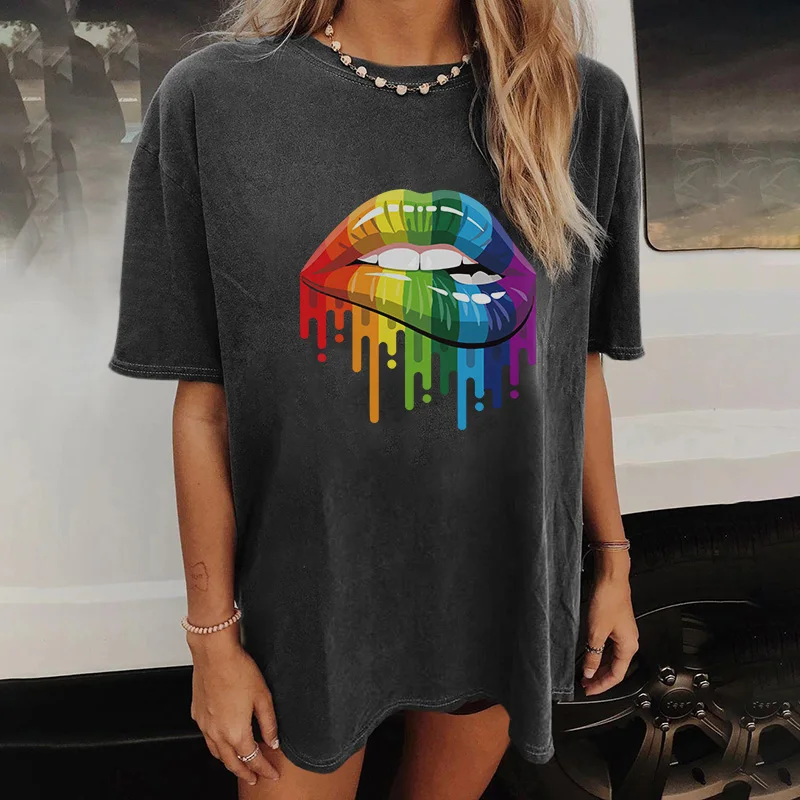 

2021 Summer Designer Floral Heart Print T-shirt Women Gray Color Short Sleeve Casual Crew Neck Loose Long Tee