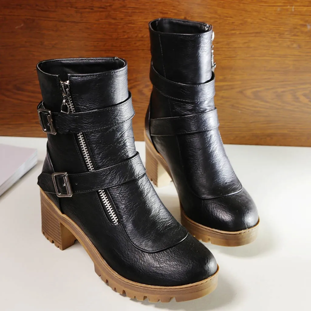 

Women Winter Boots Buckle Rivet Slip On Women Causal Ankle Boots solid Retro Belt Platform Shoes Woman Round Toe Western boots