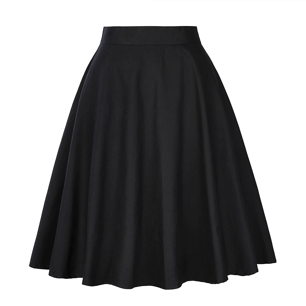 

2021 Summer Black Skirt A-line Short Flare Skirts Womens Knee Length 40s 50s 60s Vintage High Waist School Cotton Women Skirt