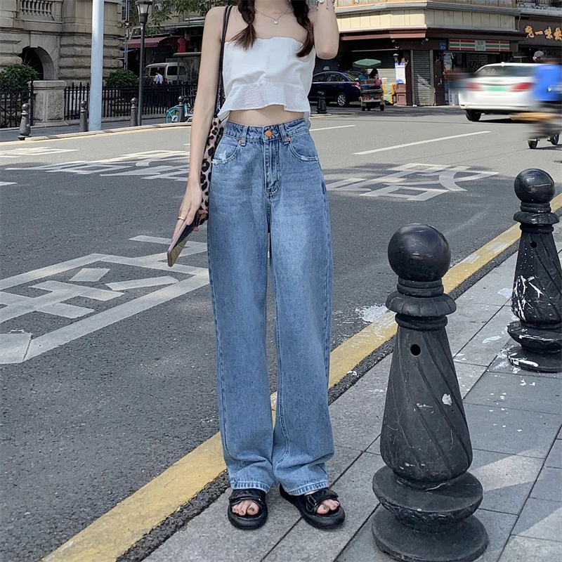 

Stylish Wide Leg Jeans Women Straight Baggy Denim Pants Autumn High Waist Full Length Vintage Casual Trousers Street Style
