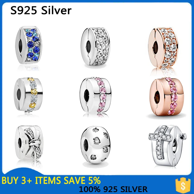 

S925 Sterling Silver Beads Charm Shining Clips Pave CZ Charms Fit Original Pandora Charms Silver 925 Bracelets Women DIY Jewelry