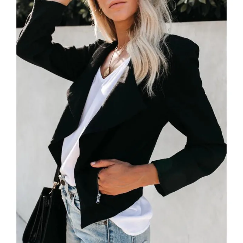 

Solid color white black slim fit womens jacket Autumn 2019 veste femme Lapel collar fitness jackets