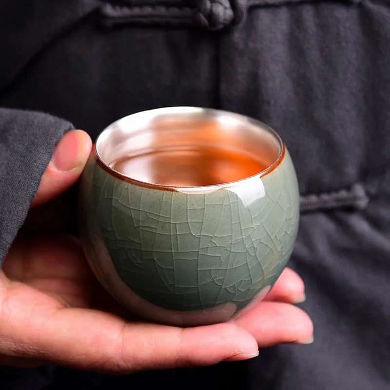 

80ml 999 Pure Silver Teacup Ceramic Ice Crack Kung Fu Tea Set Small Tea Bowl Silver Teaware Drinkware Cups Collection As Gifts
