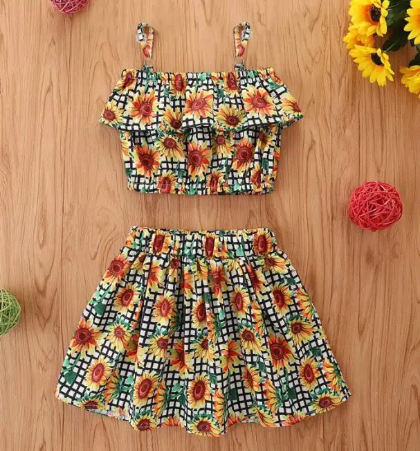

Комплект из двух предметов для девочек, модный клетчатый Топ без рукавов с оборками в виде подсолнуха, трапециевидная короткая юбка, Детски...