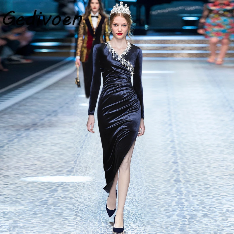 Gedivoen Designer Autumn Vintage Slim Dress Women's Long Sleev V-Neck Crystal Tassel Velvet Asymmetrical Dresses Vestdios XXL