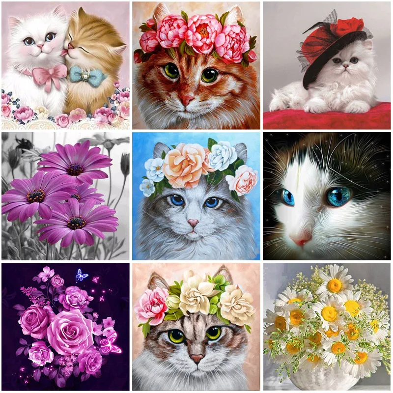 

DIY 5D Diamond Painting Cat Cross Stitch Full Round Drill Flower Basket Diamond Embroidery Rhinestones Wall Art Gift Home Decor