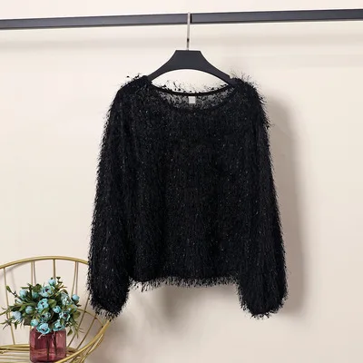 BLACK Осень Женская Сексуальная Bling o-образным вырезом кисточка искусственный мех с длинным рукавом вязаный свитер рубашка леди базовые Топы футболки пуловеры - Цвет: BLACK