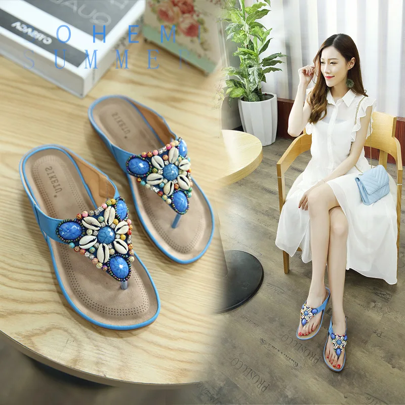 

Beach Shoes Woman's Slippers Slides Big Size String Bead Sabot 2022 Summer Flat Ethnic TPR PU Fabric Retro Flat Shoes Female Big