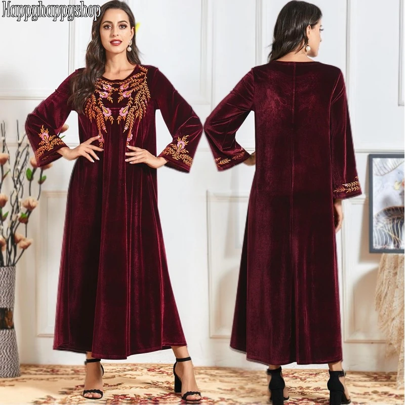 Женское винтажное бархатное платье макси с цветочной вышивкой зимнее плотное