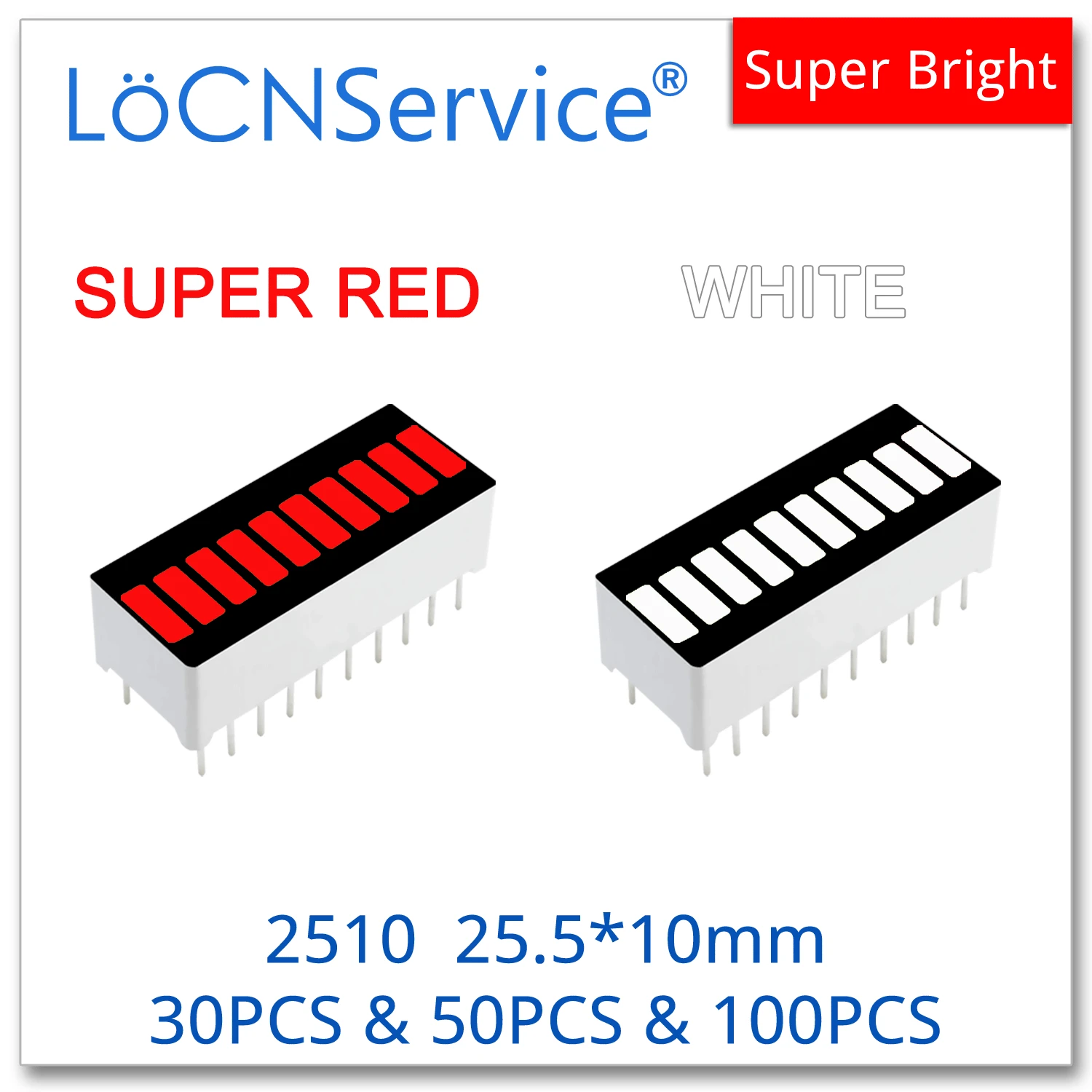 

LoCNService LED Bar graph Light 10-segment 2510 RED WHITE 30pcs-100pcs Bargraph single color digital display board Ultra Bright