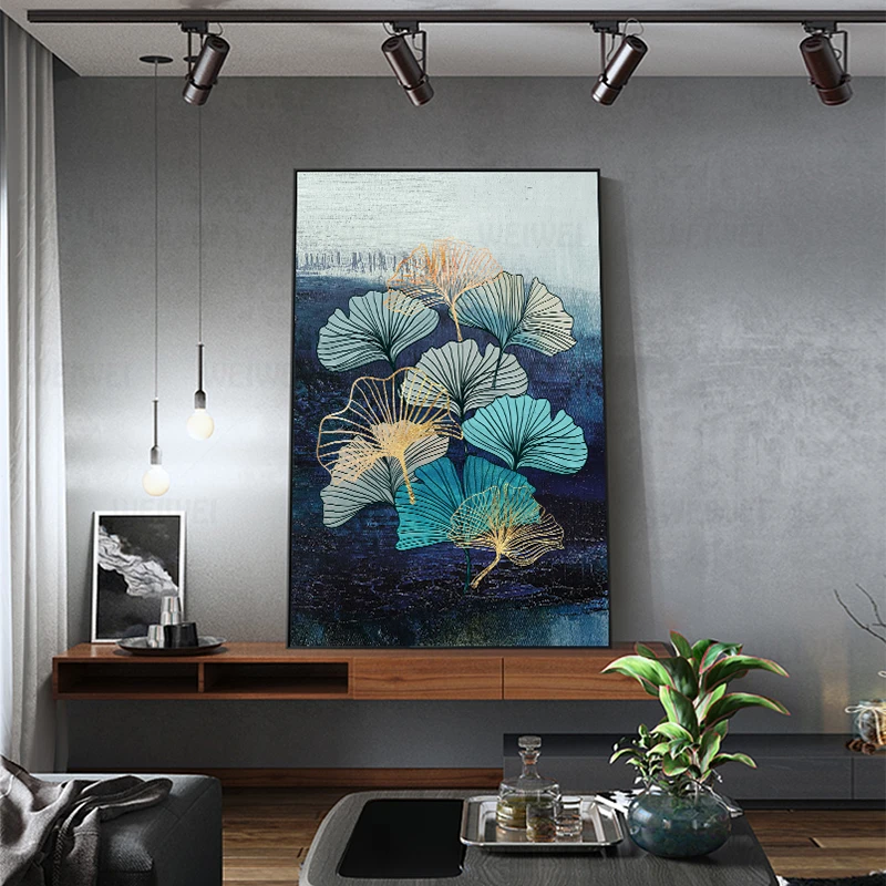 Абстрактный золотой цветок Картина Современный синий плакат печать роскошное