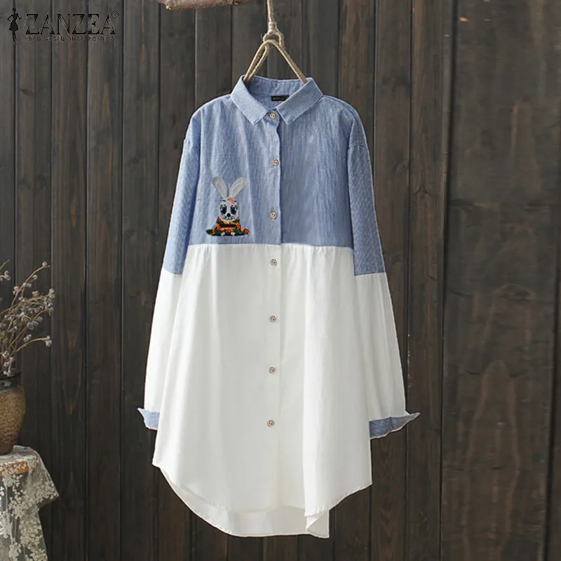 

Autumn Striped Printed Patchwork Shirt Women Elegant Long Sleeve Lapel Blouse ZANZEA Embroidery Irregular Hem Chemise Tunic Tops
