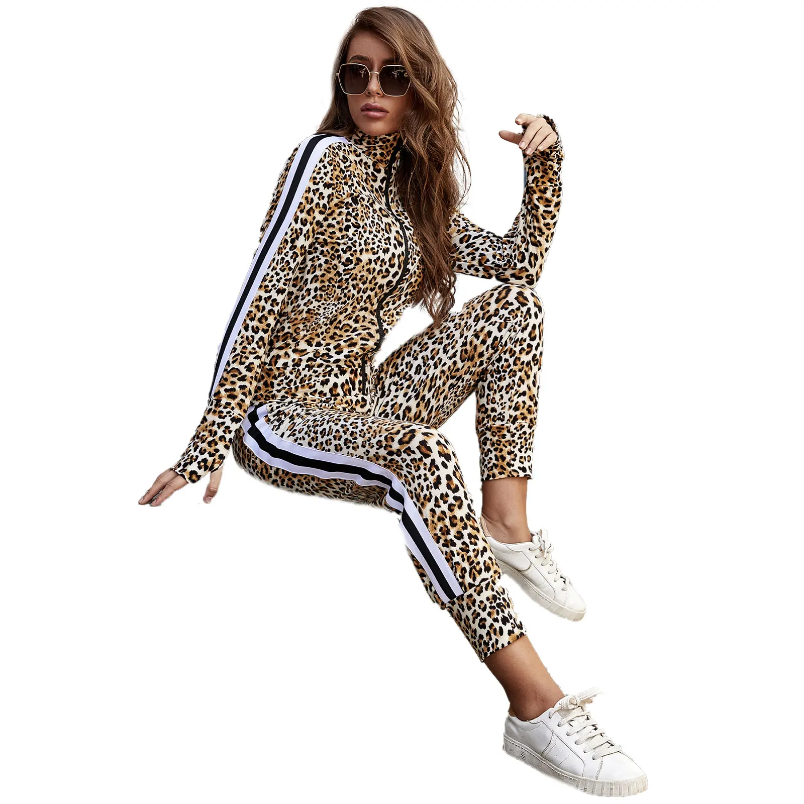 

Ladies New 2-Piece Suit Leopard Print Long-Sleeved Cardigan Jacket And Women Pants S / M / L / XL Casual Fashion