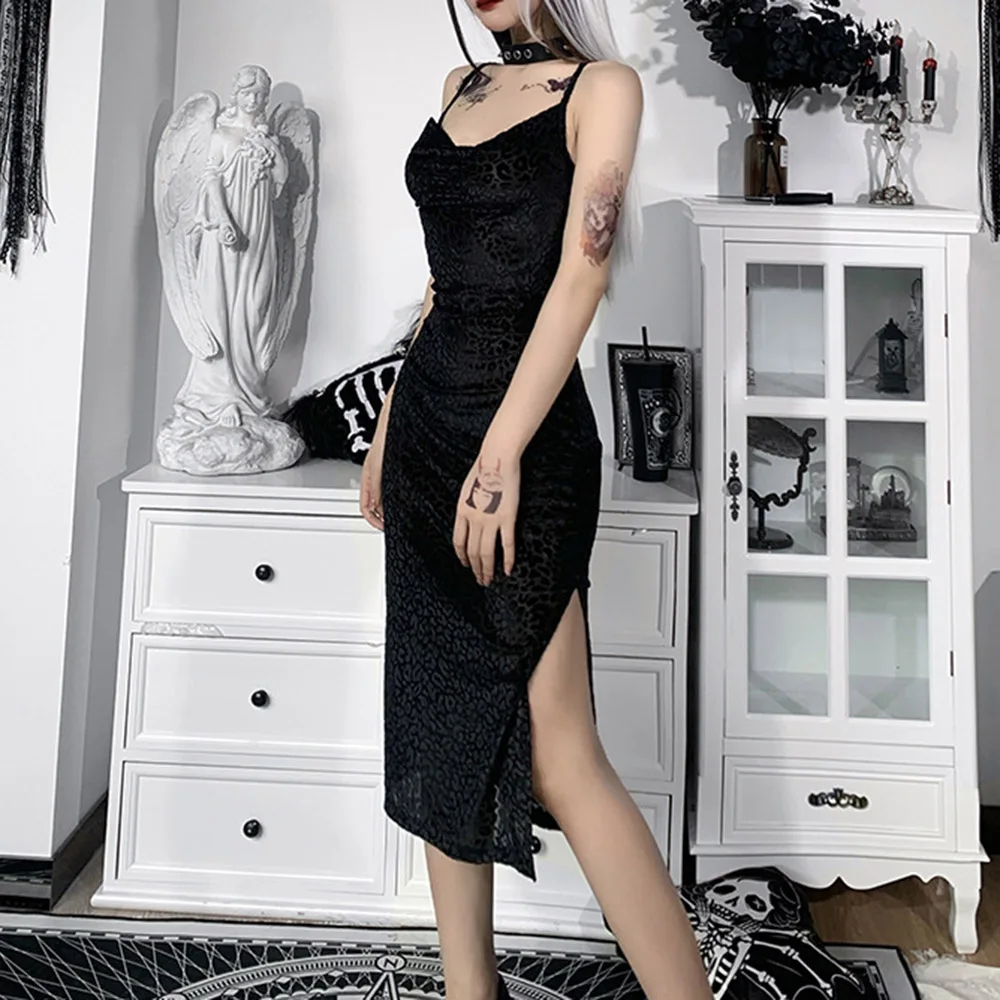 

Gothic Fashion Sexy Summer Dress 2021 Casual Hipster Simple Designer Thin Leopard Split Fork Women's Low-cut